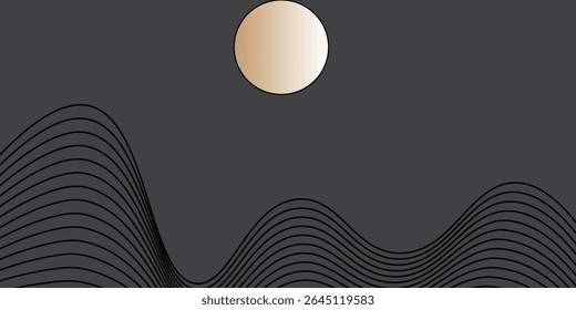 Vetor arte abstrata paisagem montanha com pássaros e pôr do sol do nascer do sol por linha dourada arte textura isolada no fundo preto cinza escuro. Estilo de luxo mínimo para papel de parede, decoração de arte de parede.