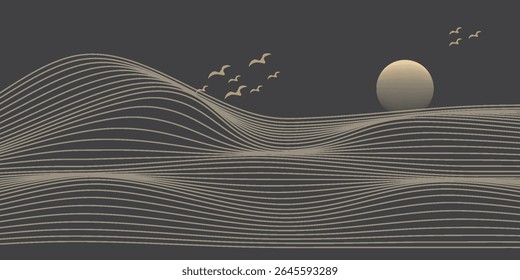 Vektorgrafik abstrakte Kunst Landschaft Berg mit Vögeln und Sonnenaufgang Sonnenuntergang durch goldene Linie Kunst Textur einzeln auf dunkelgrauem schwarzen Hintergrund. Minimaler Luxusstil für Tapeten, Wandkunstdekoration.