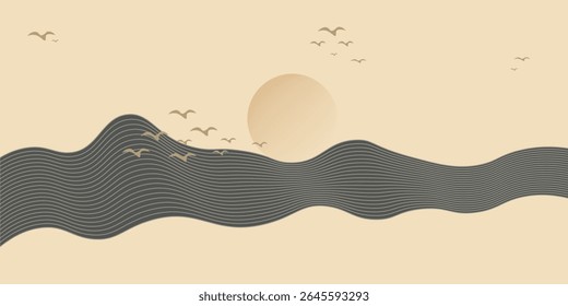 Vector abstract art landscape mountain with birds and sunrise sunset by blue line art texture isolated on white beige earth tone background.