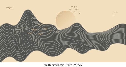 Vector abstract art landscape mountain with birds and sunrise sunset by blue line art texture isolated on white beige earth tone background.
