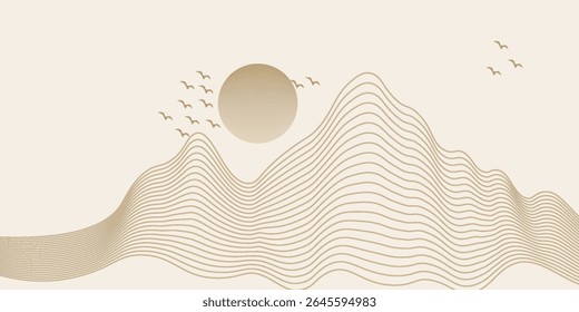Vector abstract art landscape mountain with birds and sunrise sunset by golden line art texture isolated on white beige background. Minimal luxury style for wallpaper, wall art decoration.