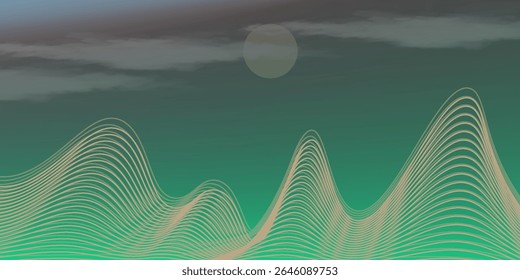 Vector abstract art landscape mountain with birds and sunrise sunset by golden line art texture isolated on dark grey black background. Minimal luxury style for wallpaper, wall art decoration.