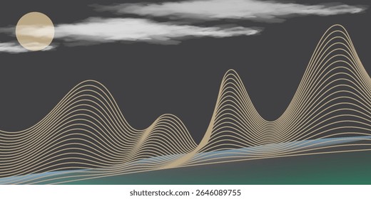 Vector abstract art landscape mountain with birds and sunrise sunset by golden line art texture isolated on dark grey black background. Minimal luxury style for wallpaper, wall art decoration.