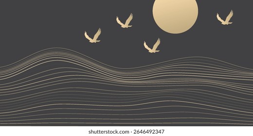 Vector abstract art landscape mountain with birds and sunrise sunset by golden line art texture isolated on dark grey black background. Minimal luxury style for wallpaper, wall art decoration.