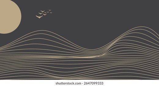 Vector abstract art landscape mountain with birds and sunrise sunset by golden line art texture isolated on dark grey black background. Minimal luxury style for wallpaper, wall art decoration.