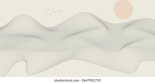 Vector de arte abstracto de la montaña con los pájaros y el atardecer de la salida del sol por la textura azul del arte de la línea aislada en el fondo beige blanco del tono de tierra. Estilo de lujo mínimo para el Fondo de pantalla, decoración del arte de la pared.