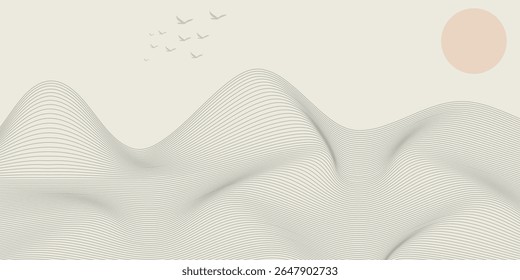 Vector abstract art landscape mountain with birds and sunrise sunset by blue line art texture isolated on white beige earth tone background. Minimal luxury style for wallpaper, wall art decoration.