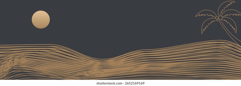 Vetor abstrato arte paisagem montanha com pássaros e nascer do sol com linha de ouro arte textura isolada no fundo preto cinza escuro.