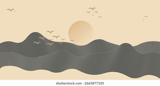 Vetor arte abstrata paisagem montanha com pássaros e pôr do sol do nascer do sol por linha azul arte textura isolada no fundo branco bege terra Tom.