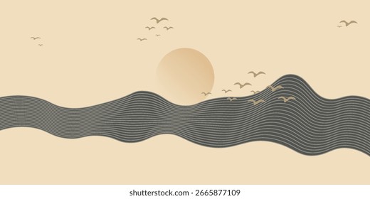 Vector abstract art landscape mountain with birds and sunrise sunset by blue line art texture isolated on white beige earth tone background.