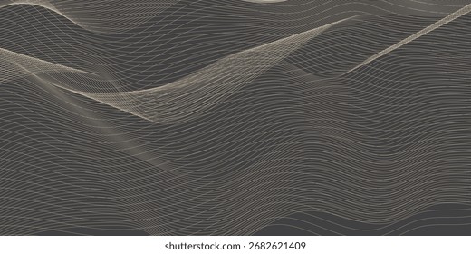 Vector abstract art landscape mountain with birds and sunrise sunset by golden line art texture isolated on dark grey black background. Minimal luxury style for wallpaper, 