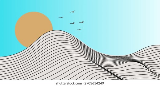 Vector de arte abstracto de la montaña con los pájaros y la puesta del sol por la textura azul del arte de la línea aislada en el fondo verde pastel del tono de la tierra. Estilo de lujo mínimo para el Fondo de pantalla, decoración del arte de la pared.