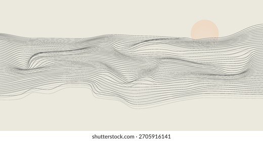 Vector de arte abstracto de la montaña con los pájaros y el atardecer de la salida del sol por la textura azul del arte de la línea aislada en el fondo beige blanco del tono de tierra.