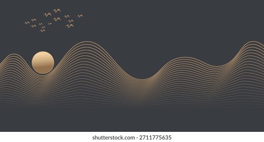 Vetor abstrato arte paisagem montanha com pássaros e nascer do sol com linha de ouro arte textura isolada no fundo preto cinza escuro. eps10