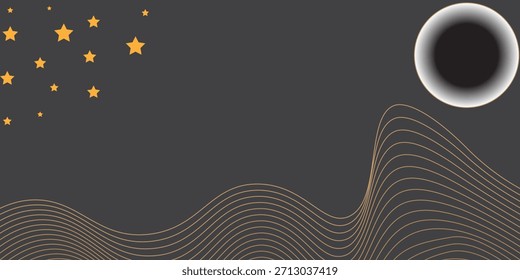 Vector de arte abstracto de la montaña con los pájaros y el atardecer de la salida del sol por la textura del arte de la línea dorada aislada en fondo negro gris oscuro. Estilo de lujo mínimo para el Fondo de pantalla, decoración del arte de la pared.