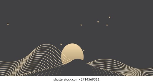 Vector abstract art landscape mountain with birds and sunrise sunset by golden line art texture isolated on dark grey black background. Minimal luxury style for wallpaper, wall art decoration.