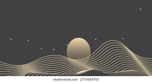 Vector abstract art landscape mountain with birds and sunrise sunset by golden line art texture isolated on dark grey black background. Minimal luxury style for wallpaper, wall art decoration.