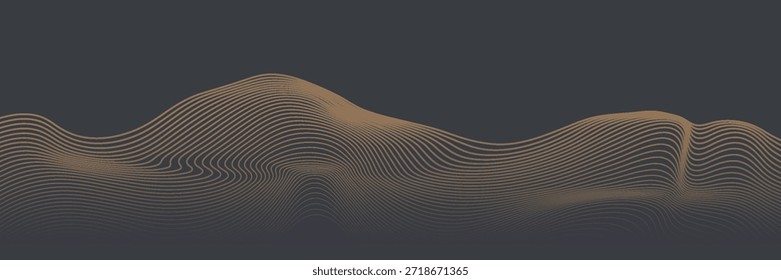 Vector de arte abstracto de la montaña con pájaros y salida del sol con la textura del arte de la línea del oro aislada en fondo negro gris oscuro. eps10