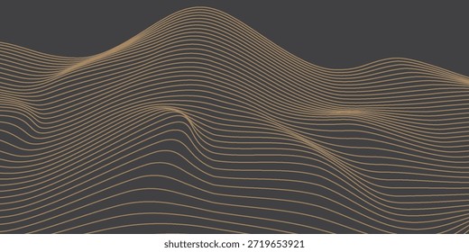 Vector abstract art landscape mountain with birds and sunrise with gold line art texture isolated on dark gray black background. eps10
