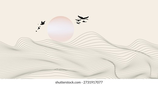 Vetor arte abstrata paisagem montanha com pássaros e pôr do sol do nascer do sol por linha azul arte textura isolada no fundo branco bege terra Tom. Estilo de luxo mínimo