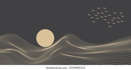 Vector abstract art landscape mountain with birds and sunrise sunset by golden line art texture isolated on dark grey black background. illustration