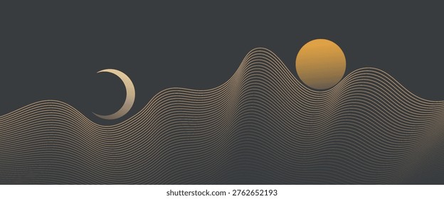 Vector abstract art landscape mountain with birds and sunrise with gold line art texture isolated on dark gray black background. eps10
