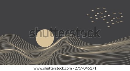 Vector abstract art landscape mountain with birds and sunrise sunset by golden line art texture isolated on dark grey black background. illustration