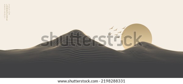 Vector abstract art landscape mountain with birds and sunrise sunset by golden line art texture black and white beige background. Minimal luxury style for wallpaper, wall art decoration.