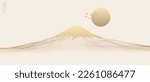 Vector abstract art Mount Fuji Japan landmark, landscape mountain with birds and sunrise sunset by gold line art texture isolated on beige color background. Minimal luxury style.