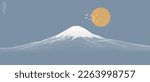 Vector abstract art Mount Fuji Japan landmark, landscape mountain with birds and sunrise sunset by white line art texture isolated on pastel earth tone blue colors background. Minimal style.