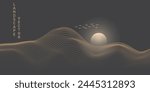 Vector abstract art Mount Fuji Japan landmark, landscape mountain with birds and sunrise sunset by gold line art texture isolated on dark grey black color background. Minimal luxury style