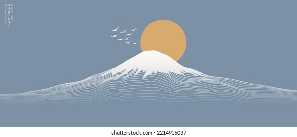 Vector abstract art Mount Fuji Japan landmark, landscape mountain with birds and sunrise sunset by white line art texture isolated on pastel earth tone blue colors background. Minimal style. - Shutterstock ID 2214915037