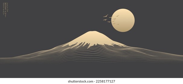 Vector abstract art Mount Fuji Japan landmark, landscape mountain with birds and sunrise sunset by gold line art texture isolated on dark grey black color background. Minimal luxury style.