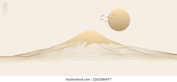 Abstrakte Vektorkunst Der Fuji Japan Wahrzeichen, Landschaftsberg mit Vögeln und Sonnenaufgang mit goldener Linie Kunststruktur einzeln auf beigem Hintergrund. Minimaler Luxus-Stil.