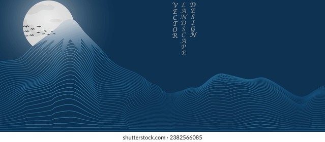 Arte abstracto vectorial Monte Fuji Japón monumento, montaña paisajista con pájaros y puesta de sol por la textura de arte de la línea dorada aislado en el fondo negro gris oscuro. Un estilo minimalista de lujo.