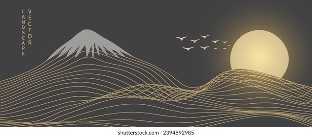 Vector abstract art Mount Fuji Japan landmark, landscape mountain with birds and sunrise sunset by gold line art texture isolated on dark grey black color background. Minimal luxury style.