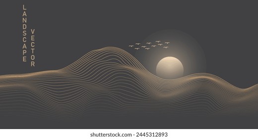 Vector arte abstracto Monte Fuji Japón Lugar famoso, paisaje montañoso con pájaros y puesta del sol puesta del sol por la línea de oro arte textura aislada en gris oscuro fondo de color negro. Estilo de lujo minimalista