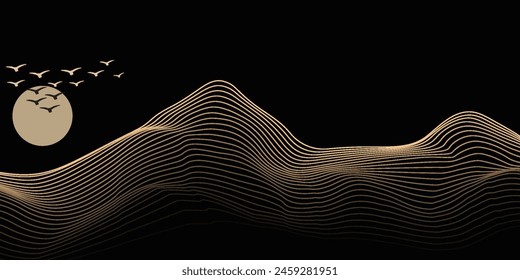 Vector abstract art Mount Fuji Japan landmark, landscape mountain with birds and sunrise sunset by gold line art texture isolated on dark grey black color background. Minimal luxury style.