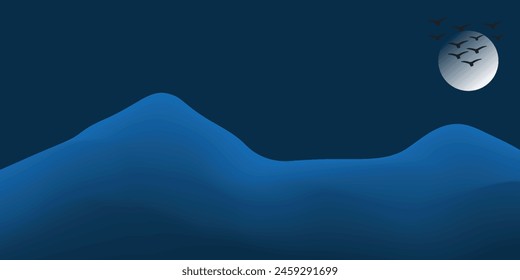 Vektorgrafik abstrakte Kunst Mount Fuji Japan Wahrzeichen, Landschaftsberg mit Vögeln und Sonnenaufgang Sonnenuntergang durch goldene Linie Kunsttextur isoliert auf dunkelgrauem schwarzen Farbhintergrund. Minimaler Luxus-Stil.