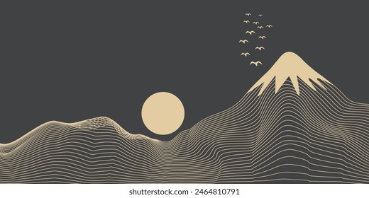 Vector abstract art Mount Fuji Japan landmark, landscape mountain with birds and sunrise sunset by gold line art texture isolated on dark grey black color background. Minimal luxury style.