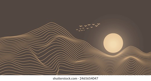 Vector abstract art Mount Fuji Japan landmark, landscape mountain with birds and sunrise sunset by gold line art texture isolated on dark grey black color