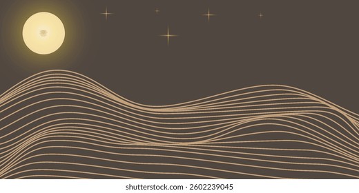 Vector abstract art Mount Fuji Japan landmark, landscape mountain with birds and sunrise sunset by gold line art texture isolated on dark grey black color