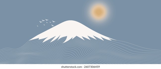 Vector abstract art Mount Fuji Japan landmark, landscape mountain with birds and sunrise sunset by white line art texture isolated on pastel earth tone blue colors background. Minimal style.