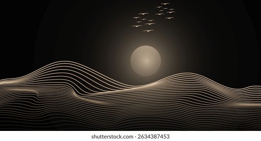 Vector abstract art Mount Fuji Japan landmark, landscape mountain with birds and sunrise sunset by gold line art texture isolated on dark grey black color background.Eps10
