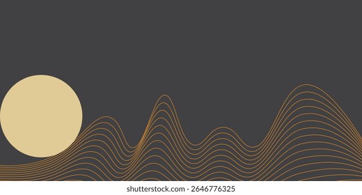 Vetor arte abstrata Monte Fuji Japão marco, paisagem montanha com pássaros e pôr do sol do nascer do sol por linha de ouro arte textura isolada no fundo de cor preta cinza escuro. Estilo de luxo mínimo.