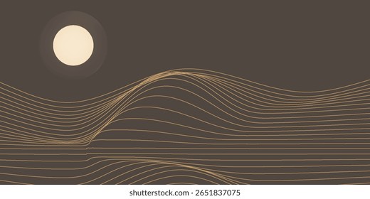 Vetor arte abstrata Monte Fuji Japão marco, paisagem montanha com pássaros e pôr do sol ao nascer do sol por linha de ouro arte textura isolada na cor preta cinza escuro