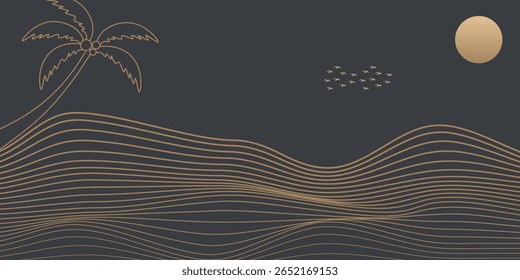 Vector abstract art Mount Fuji Japan landmark, landscape mountain with birds and sunrise sunset by gold line art texture isolated on dark grey black color background. Minimal luxury style.