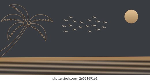 Vetor arte abstrata Monte Fuji Japão marco, paisagem montanha com pássaros e pôr do sol do nascer do sol por linha de ouro arte textura isolada no fundo de cor preta cinza escuro. Estilo de luxo mínimo.