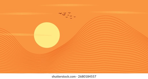 Vetor arte abstrata Monte Fuji Japão marco, paisagem montanha com pássaros e pôr do sol do nascer do sol por linha de ouro arte textura isolada na cor marrom