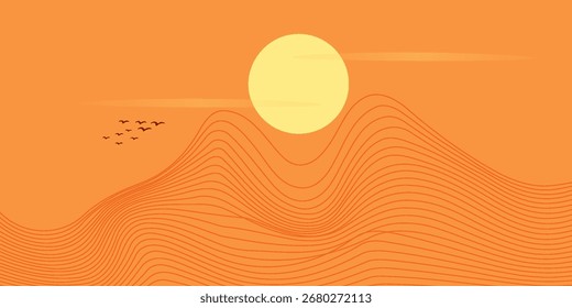 Vetor arte abstrata Monte Fuji Japão marco, paisagem montanha com pássaros e pôr do sol do nascer do sol por linha de ouro arte textura isolada na cor marrom